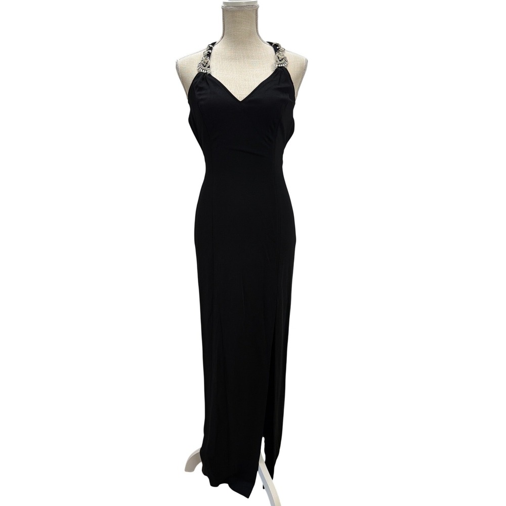 Vtg CACHE Black Maxi Dress Halter Rhinestone Criss Cross Back High Side Slit  2